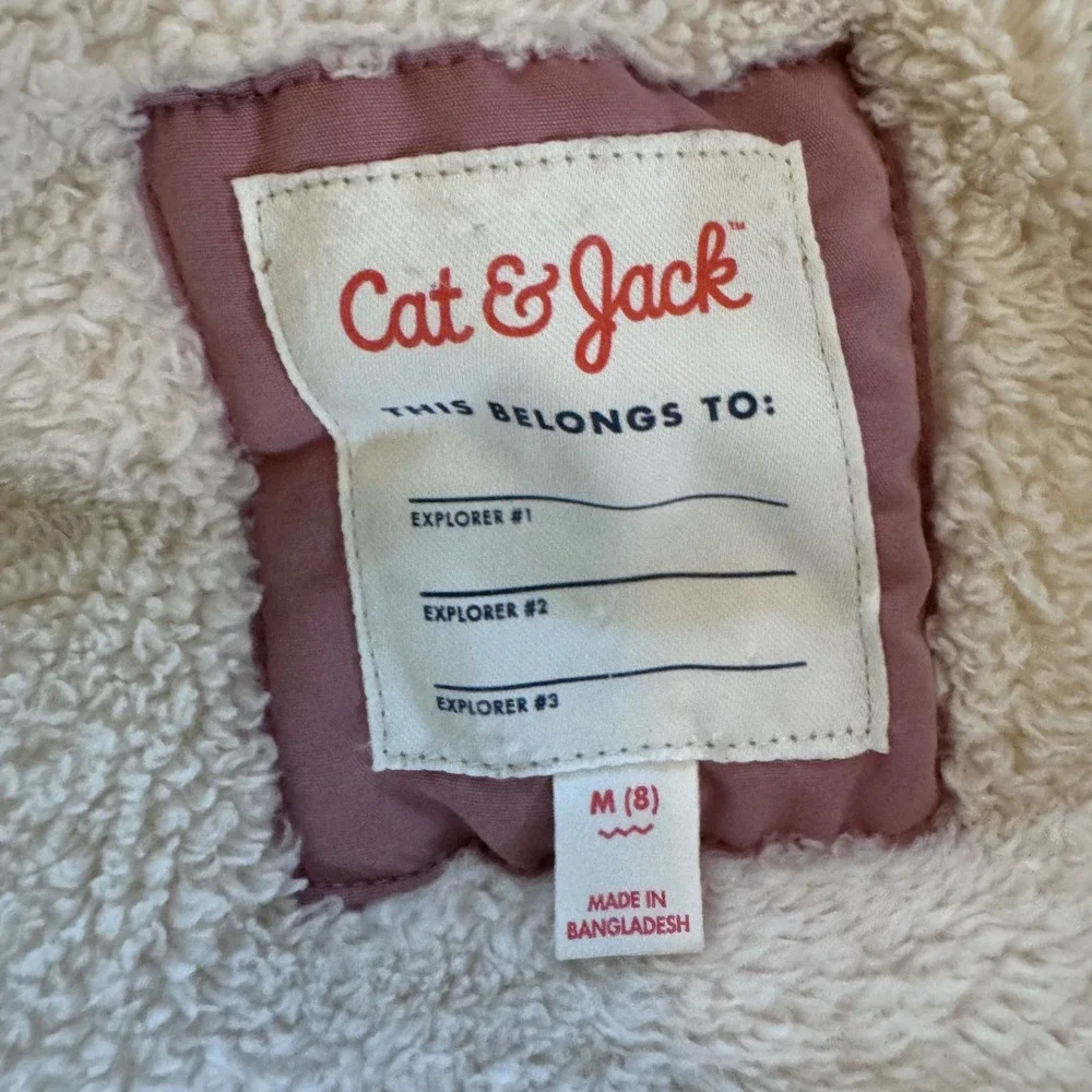 Cat & Jack Girls Pink Parka Jacket Faux Fur Hood Sherpa Lined Winter Coat Size 8